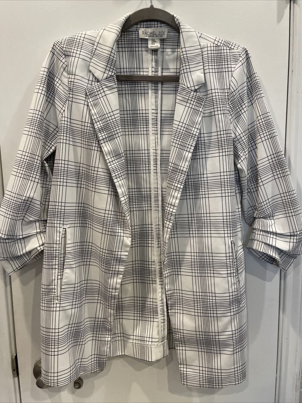 Rachel Zoe White Plaid Blazer Size M Medium Open Front Ruched Sleeves 0899